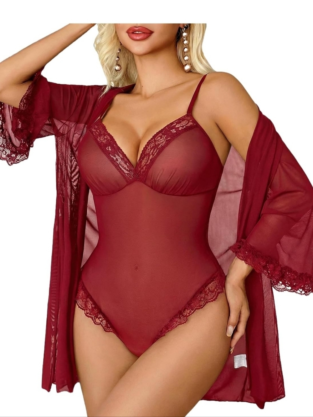 Sheer Lace Bodysuit & Robe Set - Burgundy Women Intimates
